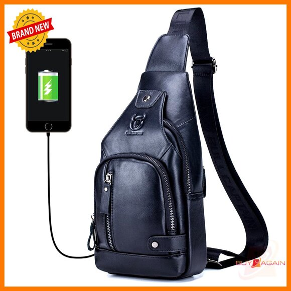 Genuine Leather Crossbody Bag with USB Charging Port Adjustable Strap